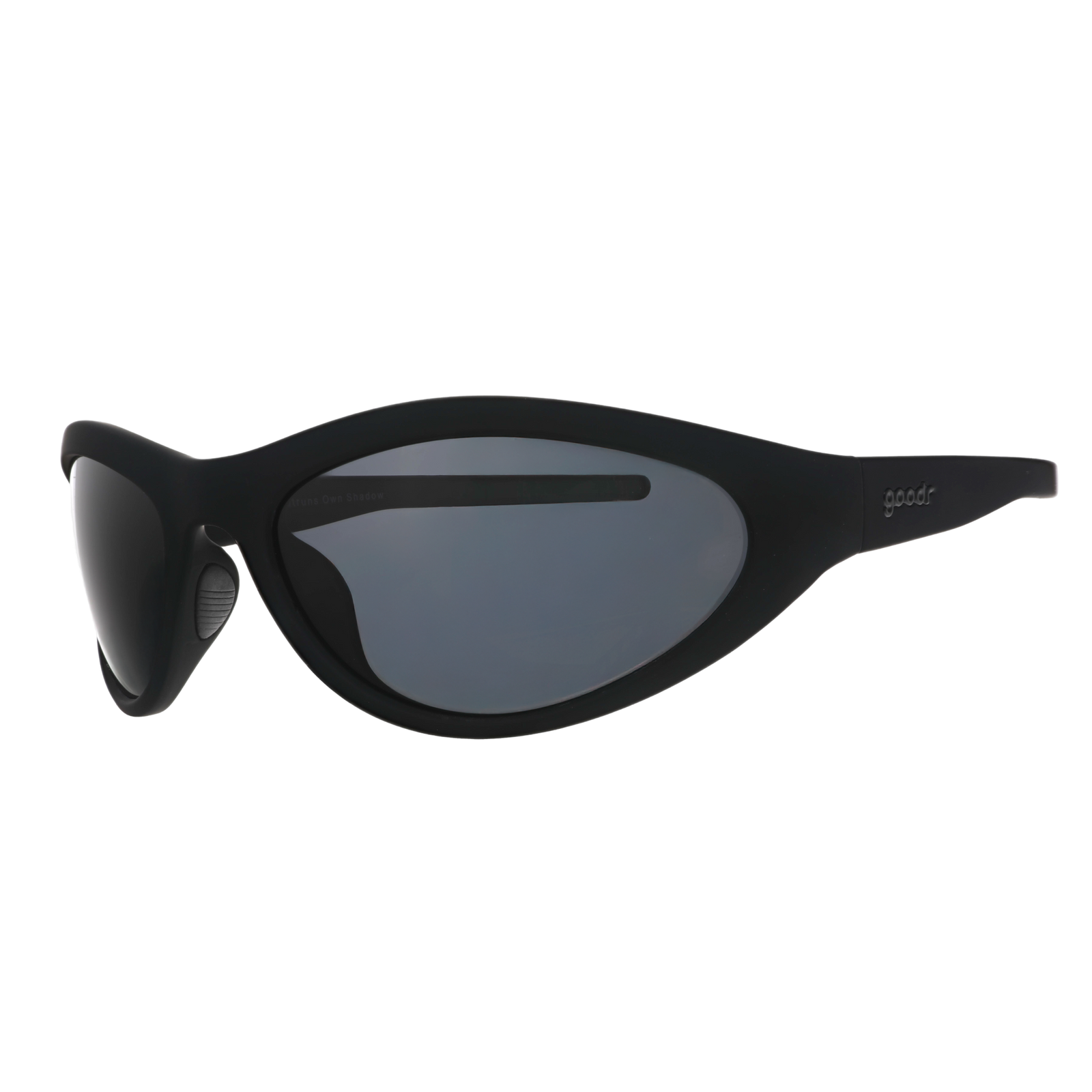 Three-quarter angle view of black wraparound sunglasses with black non-reflective lenses.