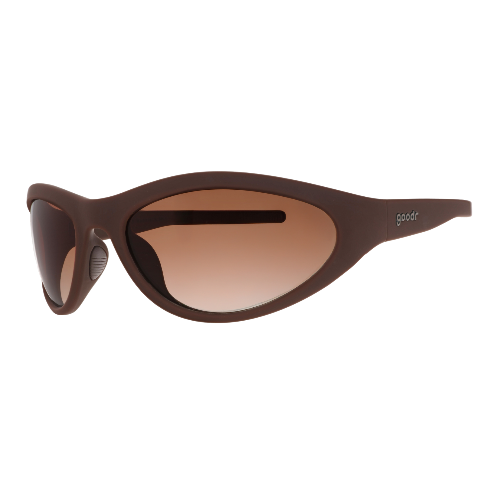 Three-quarter angle view of brown wraparound sunglasses with brown gradient lenses.