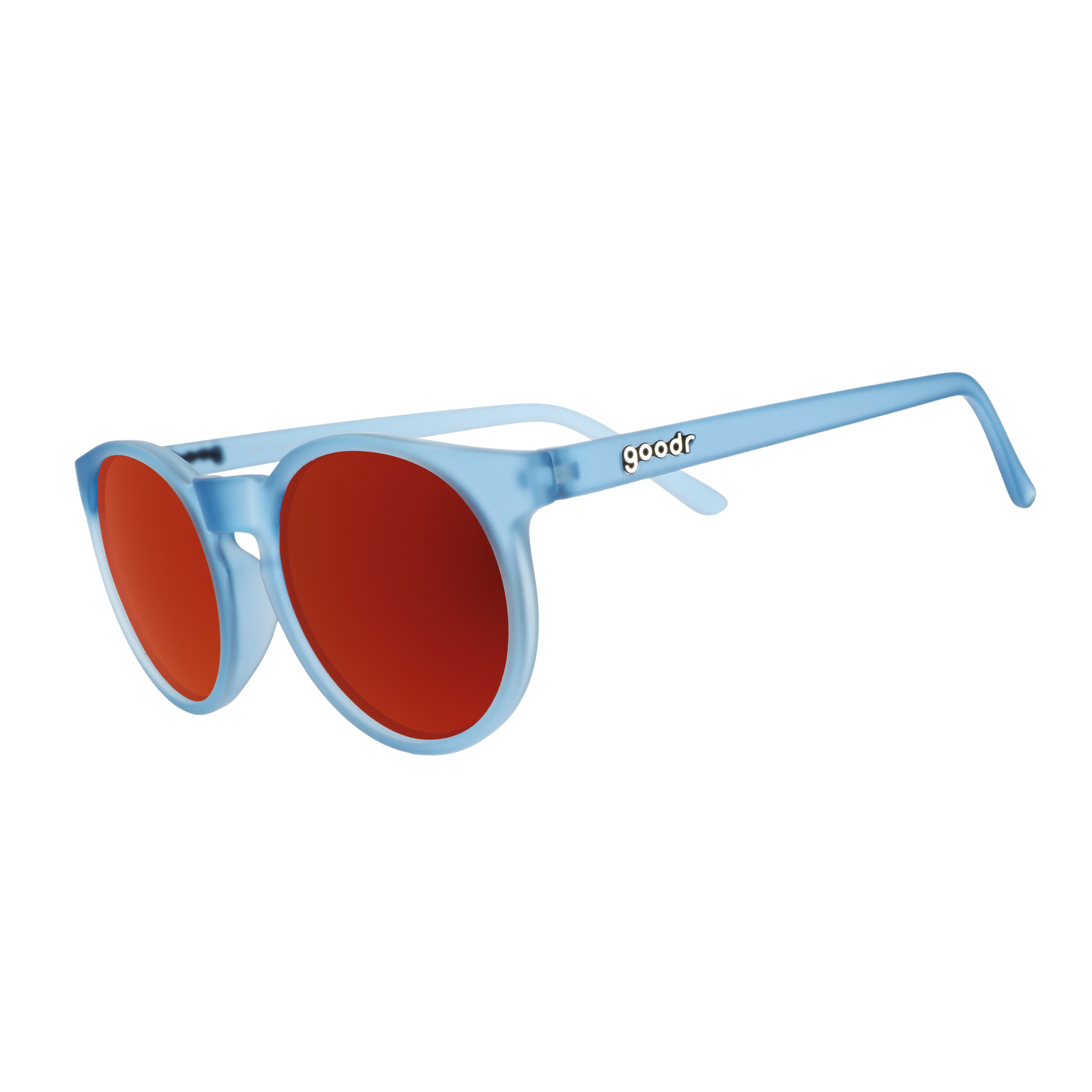 Three-quarter angle view of dusty blue Circle G sunglasses with red reflective lenses on a white background.