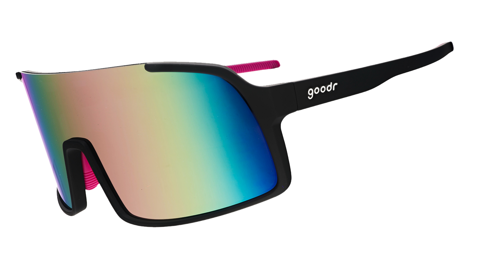 Three-quarter angle view of black wrap sunglasses with purple reflective lenses, hot pink nose and temple grips.