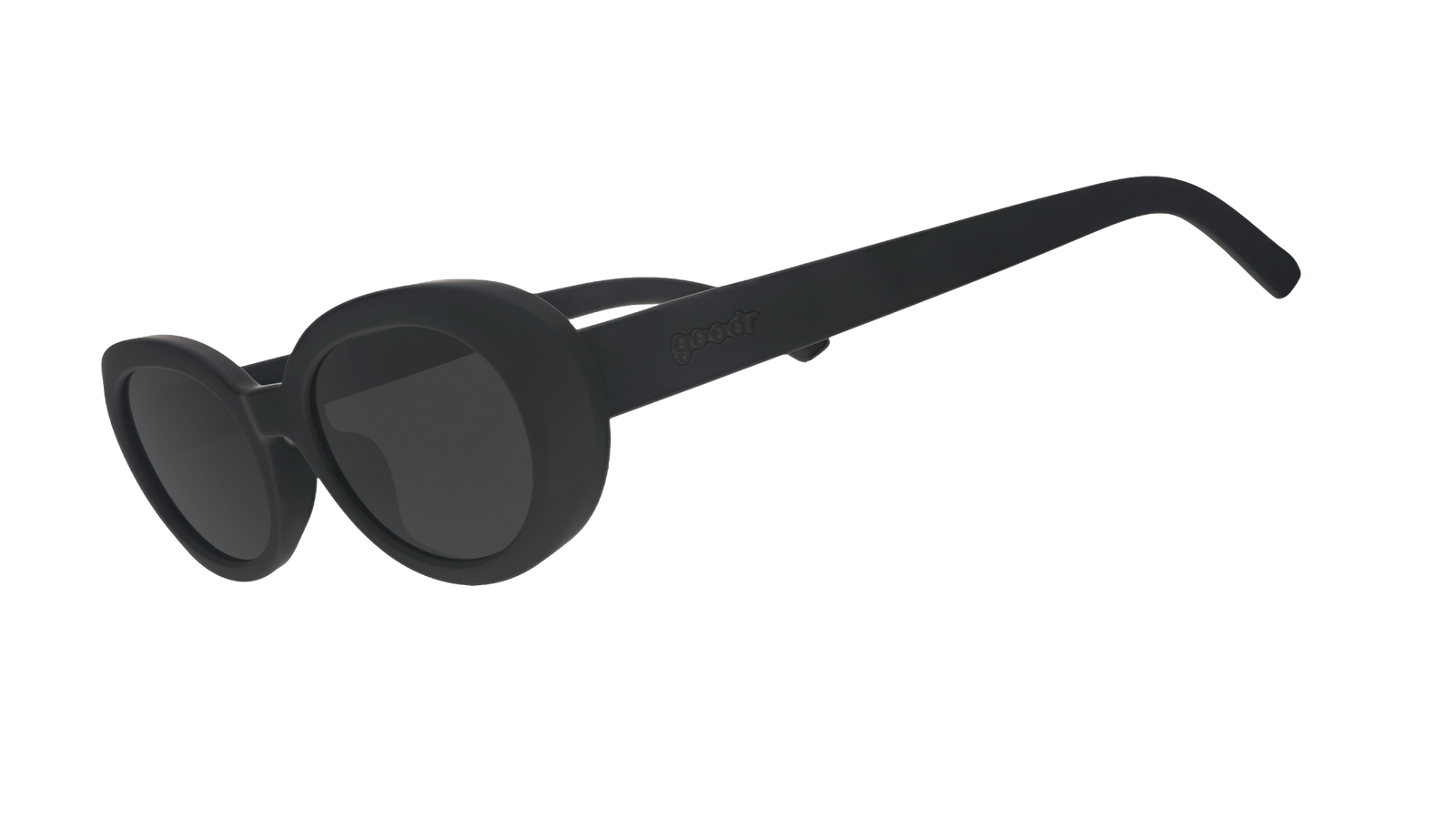 Three-quarter angle view of black oval sunglasses with polarized lenses against a white background.