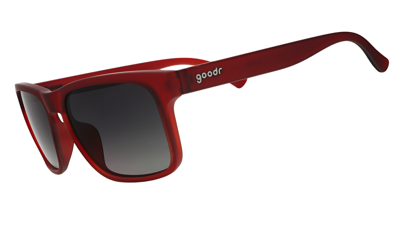 Three-quarter angle view of dark red Grand G frames and black gradient lenses.