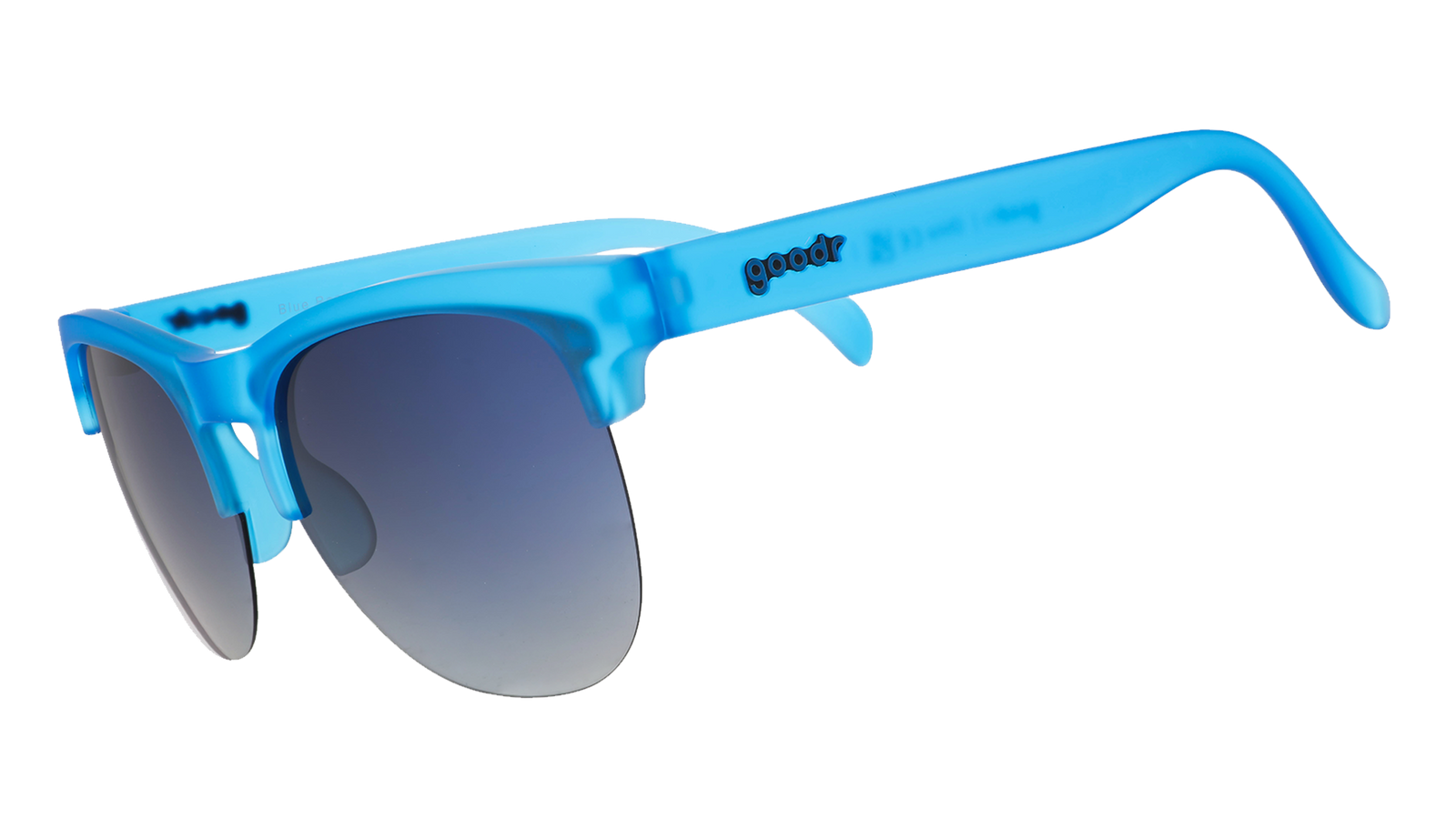 Three-quarter angle view of translucent blue half-rim Avant G sunglasses with blue gradient lenses. 