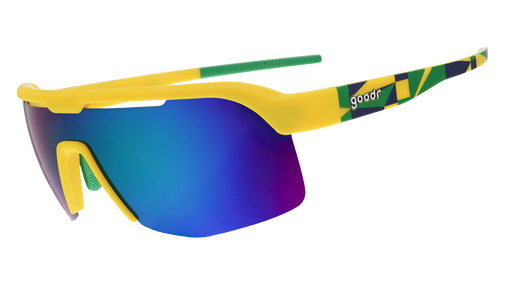 Side view of yellow shield sunglasses with light green mirrored lenses and patterned temple arms.
