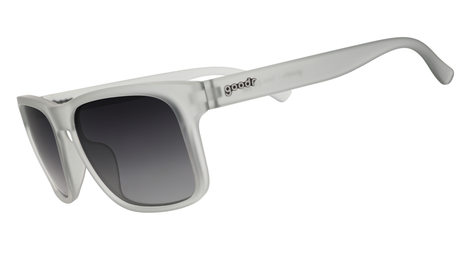 Three-quarter angle view of translucent gray Grand Gs with black gradient lenses.