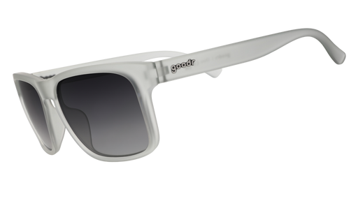 Three-quarter angle view of translucent gray Grand Gs with black gradient lenses.