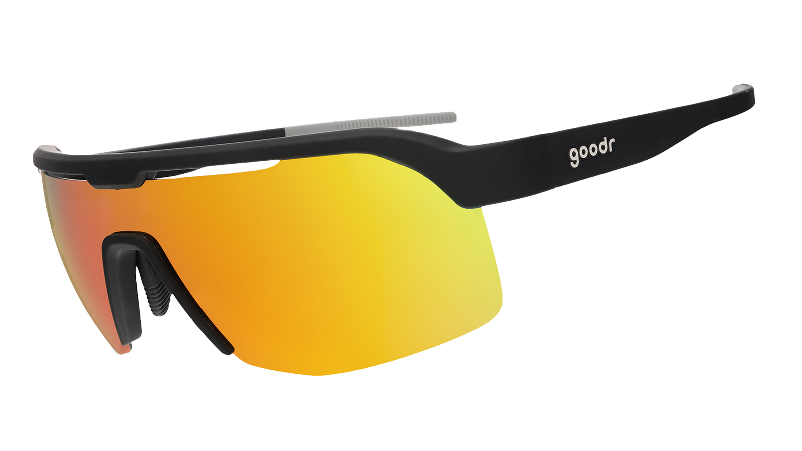 A pair of single lens sunglasses on a white background with black temples and an orange and yellow lens.