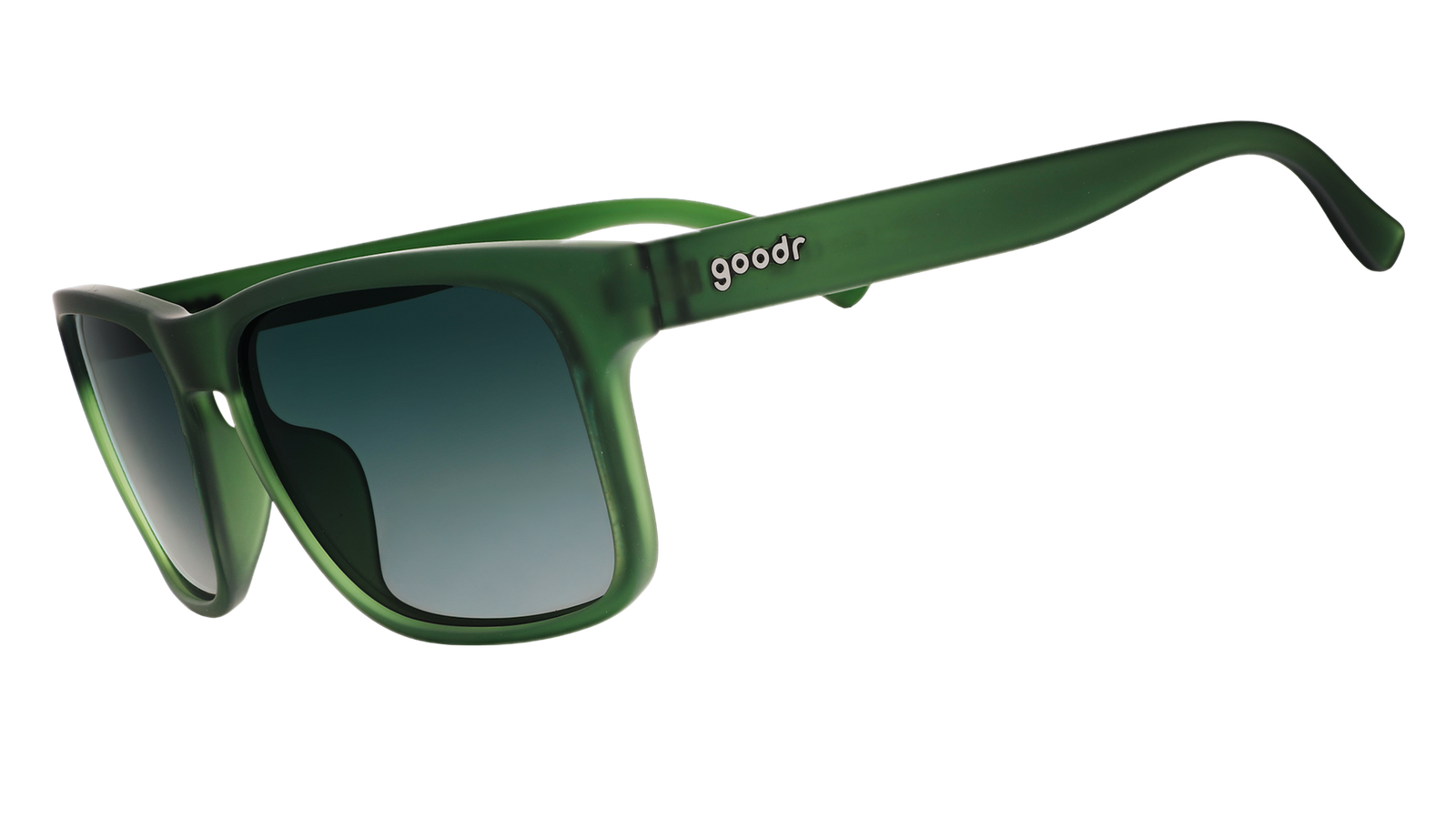 Three-quarter angle view of translucent dark green Grand Gs with green gradient lenses.