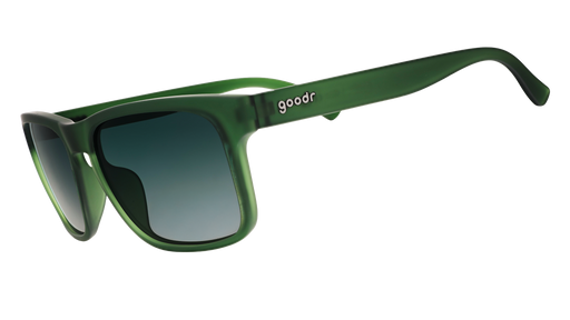 Three-quarter angle view of translucent dark green Grand Gs with green gradient lenses.
