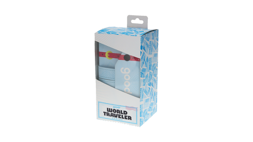 Blue suitcase-inspired sunglasses storage case with pink straps, snap closures, and top handle.