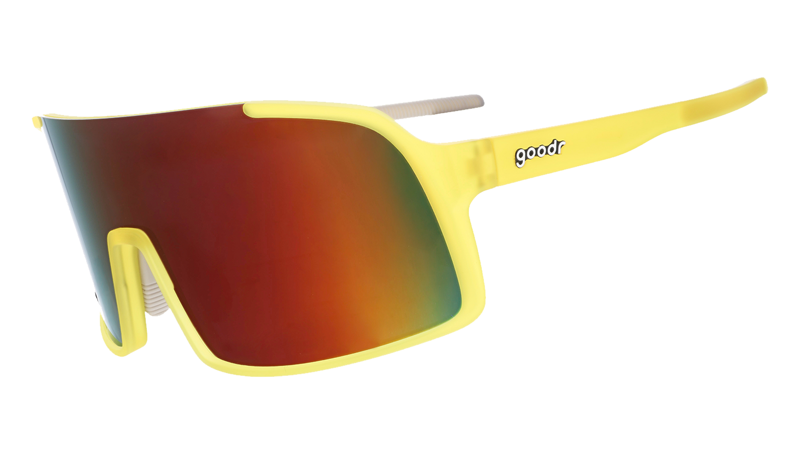 Three-quarter angle view of yellow wrap sunglasses with red reflective lenses.