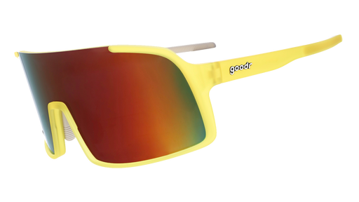 Three-quarter angle view of yellow wrap sunglasses with red reflective lenses.