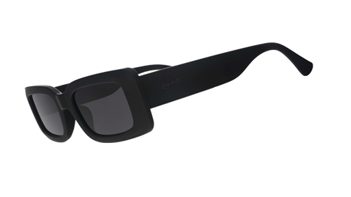 Three-quarter angle view of black rectangular sunglasses with black polarized lenses against a white background.
