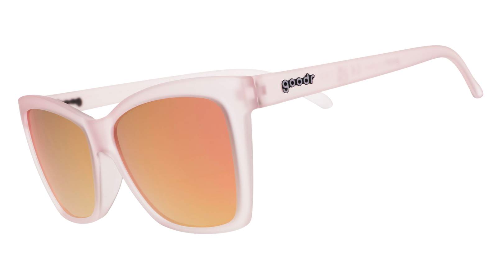 Three-quarter angle view of translucent pink angular cat-eye Pop Gs with light pink reflective lenses.