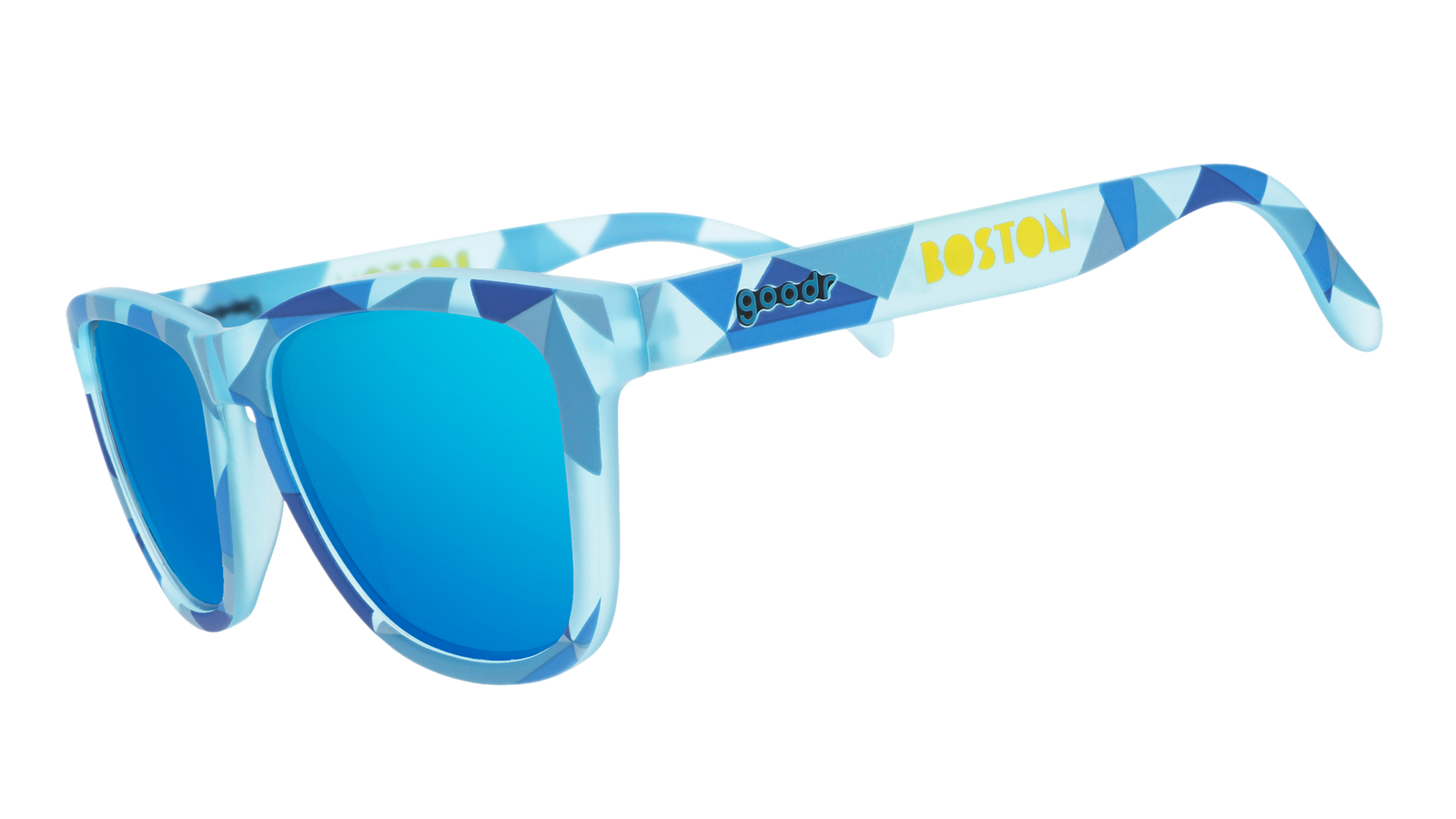 Three-quarter angle view of light blue shades w/ geometric pattern, Boston printed on temples+blue reflective lenses.