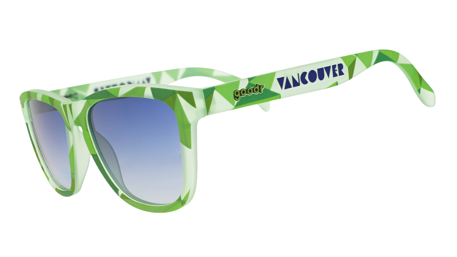 Front view of light green sunglasses w/ a tonal geometric pattern & blue gradient lenses on a white background.