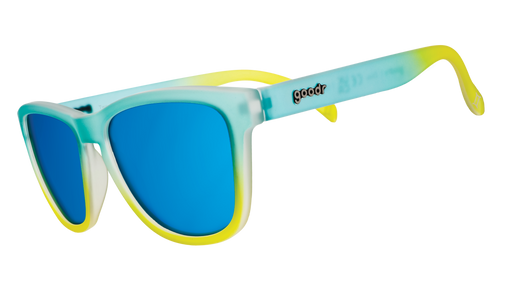 Three-quarter view of blue-to-yellow gradient wayfarer style goodr sunglasses with blue lenses.