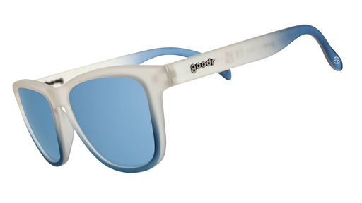 Three-quarter angle view of gray-to-light-blue gradient with light blue reflective lenses.