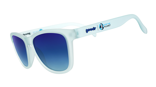 Three-quarter view of translucent light blue sunnies showcasing the 1% for the Planet and goodr logos on the arm.