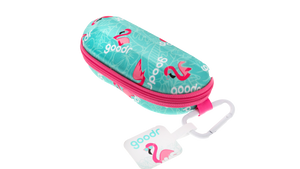 goodr sunglasses case, teal with pink flamingos and a hot pink zipper