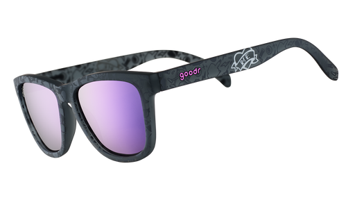 Three-quarter angle view of limited-edition sunglasses with purple polarized lenses and black frames with a pattern celebrating self-love.