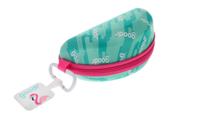 Teal goodr sunglass case with a pink zipper