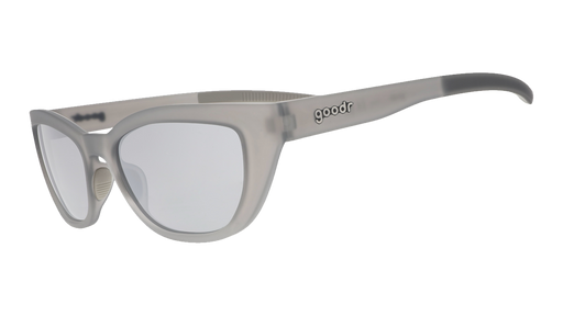 Three-quarter angle view of gray cat eye shades with chrome lenses tilted down on a white background.