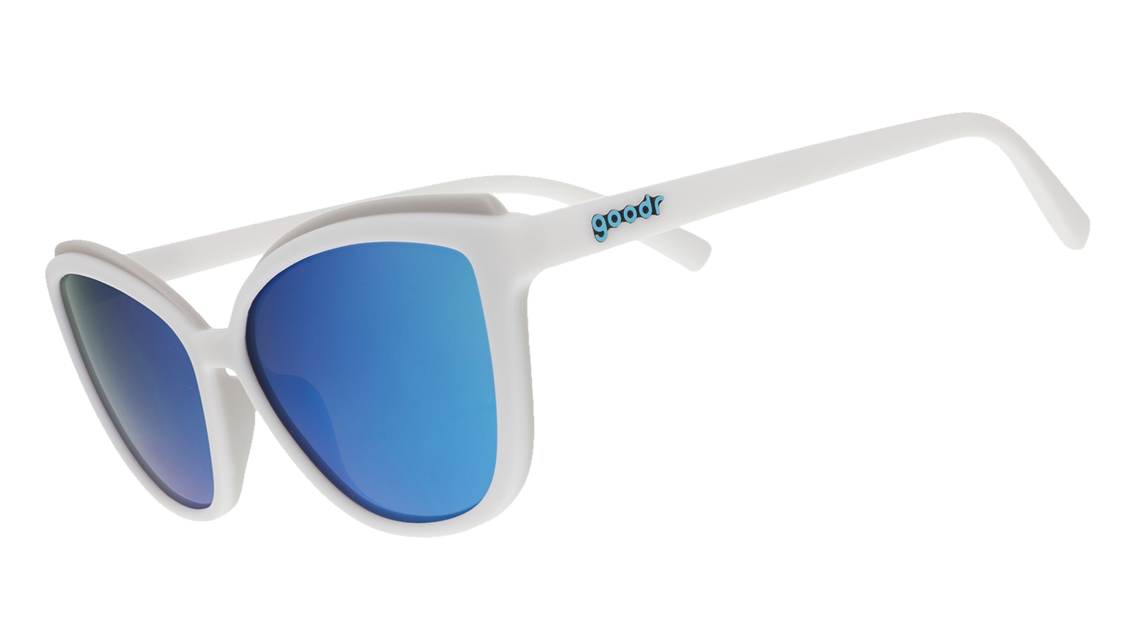 White cat-eye sunglasses with light blue mirrored lenses on a blue patterned background.