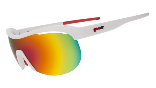 Three-quarter view of white wrap shield sunglasses with red accents and fire-red reflective lenses on a white background.