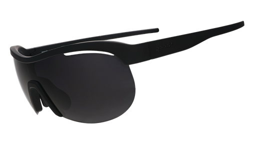 Three-quarter angle view of black wrap shield sunglasses with black polarized lenses against a white background.