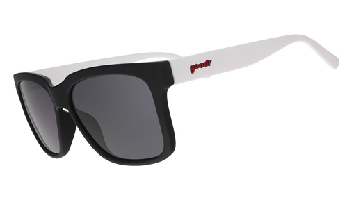 Side view of black square sunglasses with black lenses, black frames, and white arms.