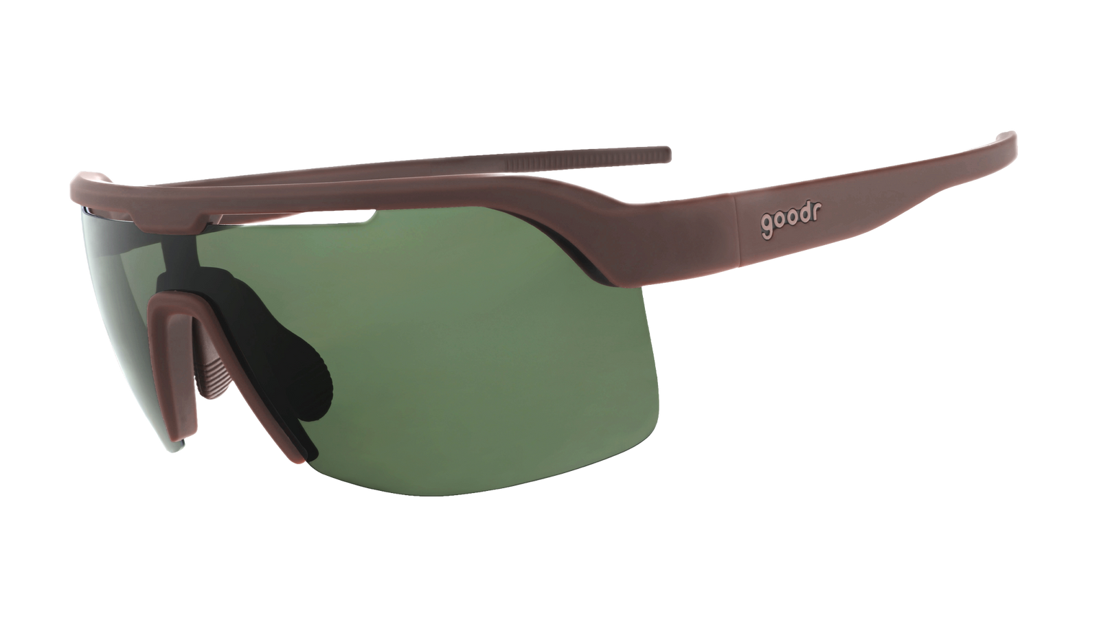 Three-quarter-angle view of brown wraparound Bolt G sunglasses with non-reflective, green vented lenses.