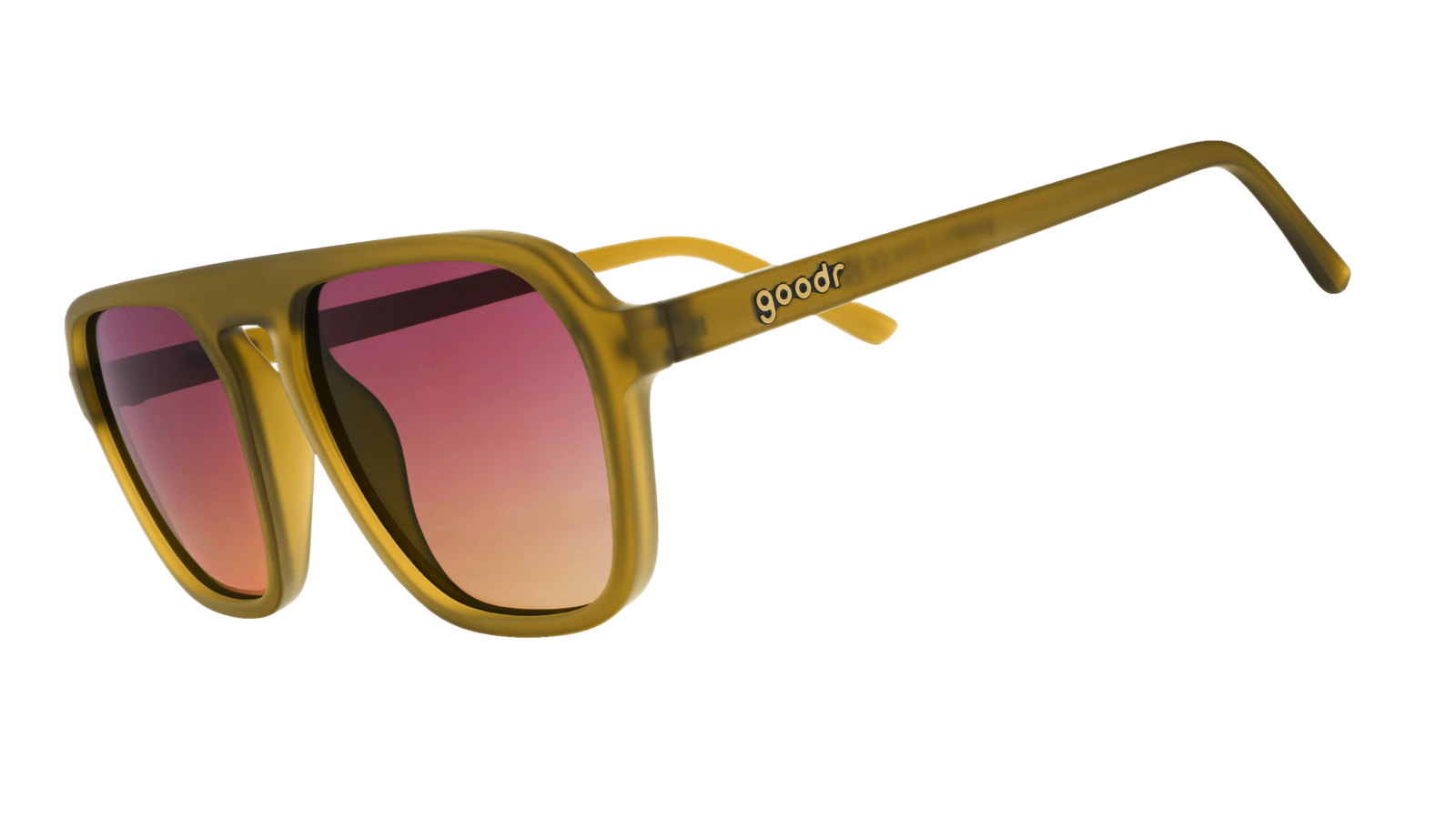 Three-quarter-angle view of translucent dusted ochre Retro G sunglasses with purple-yellow gradient lenses.