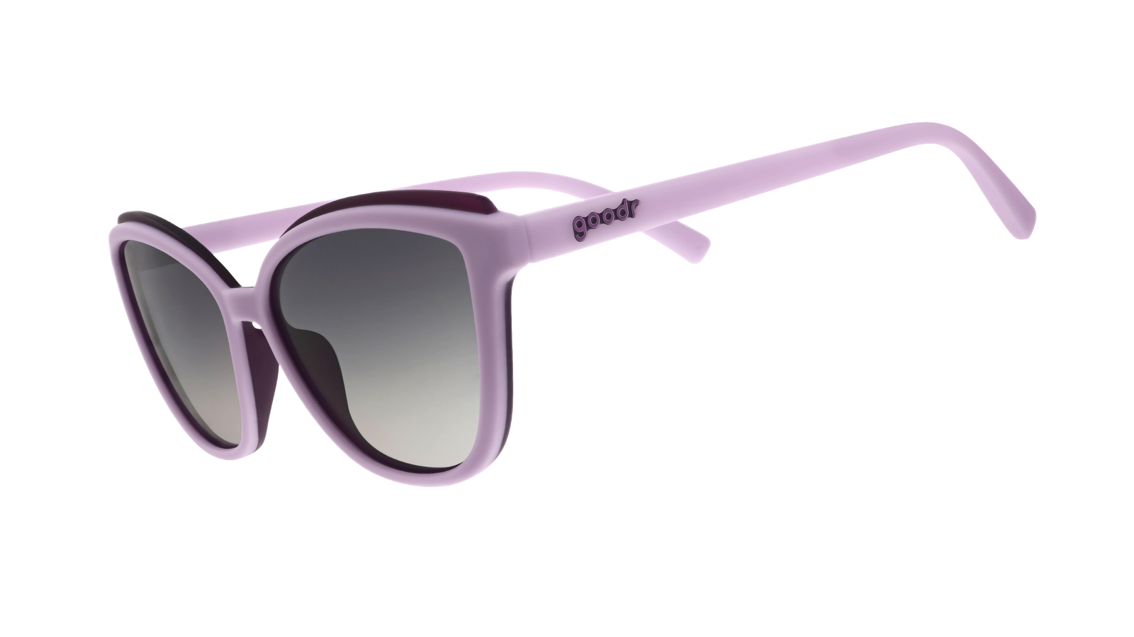 Three-quarter-angle view of lavender cat-eye Pounce G sunglasses with dark purple accents and dark gray gradient lenses. 
