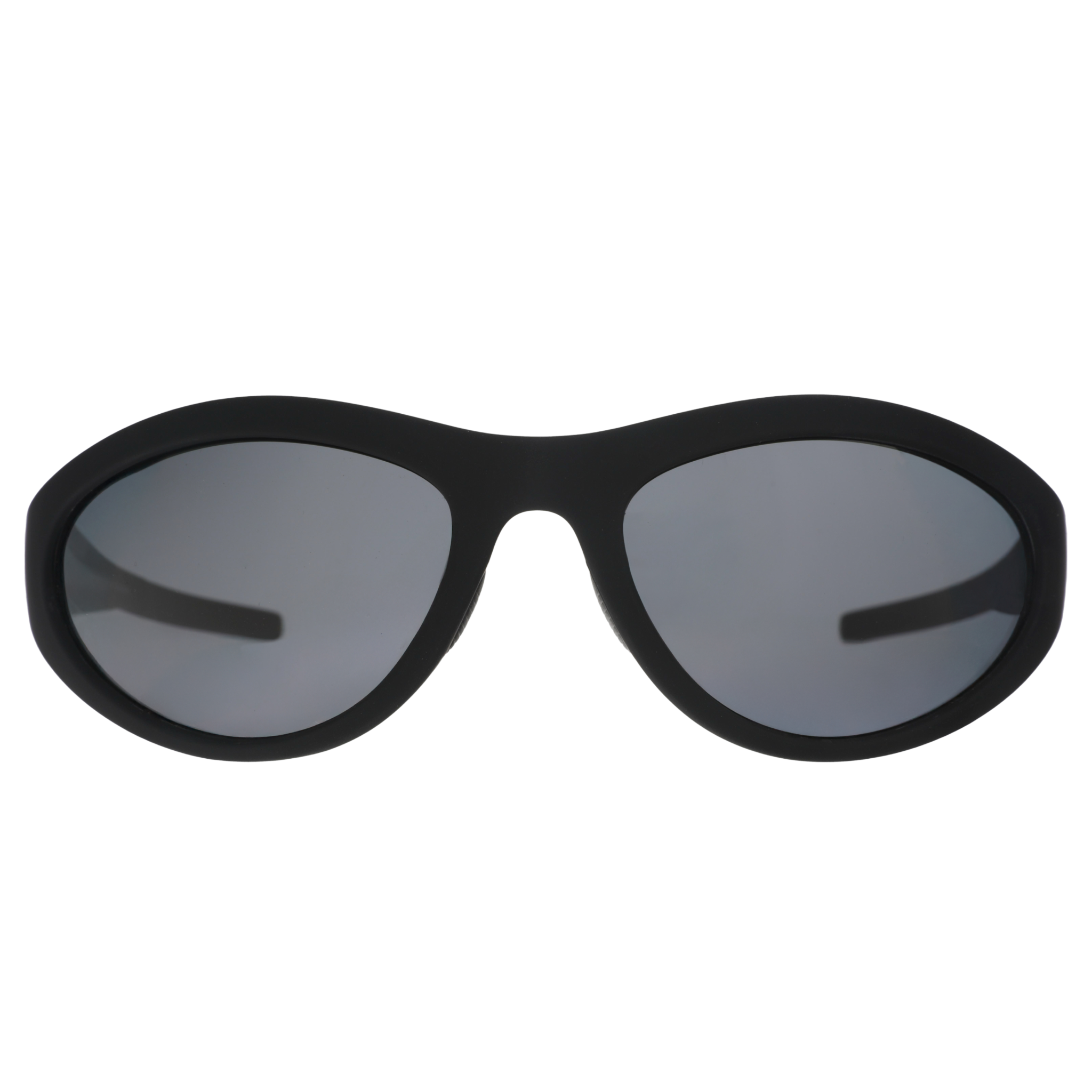 Front view of black wraparound sunglasses with black non-reflective lenses.