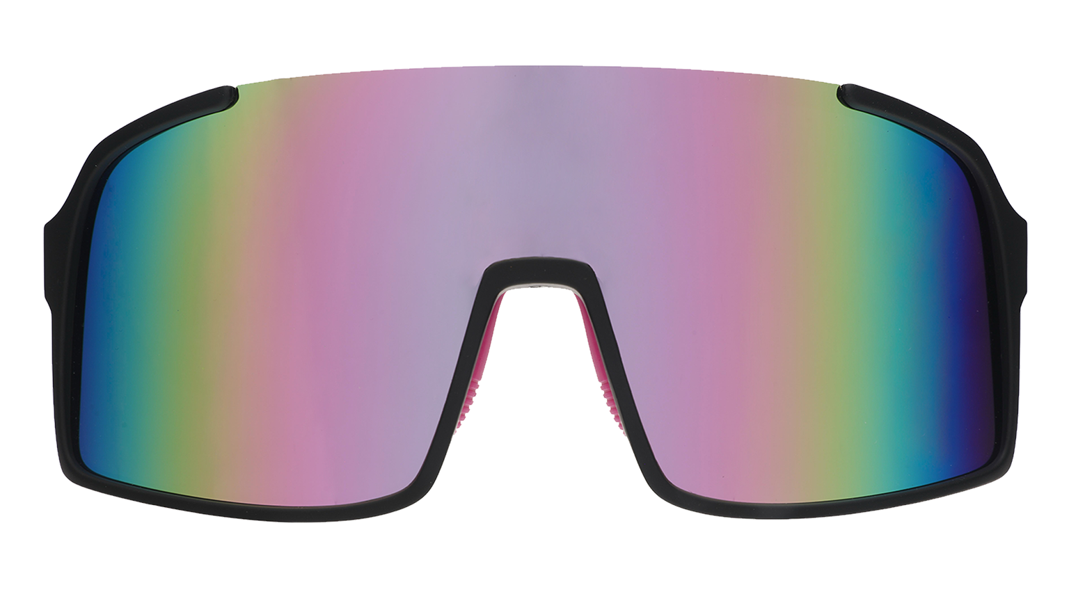 Front view of black wrap sunglasses with purple reflective lenses reminiscent of an oil slick in a parking lot after it rains.