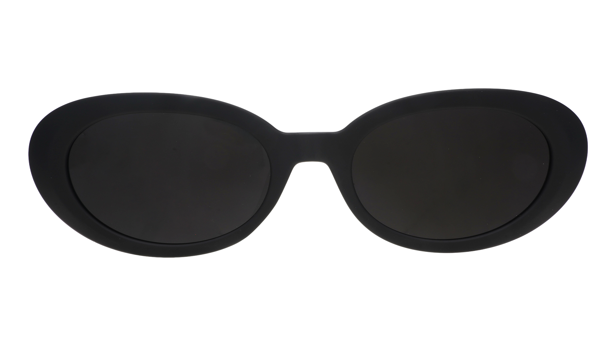 Front view of black oval sunglasses with polarized lenses against a white background.