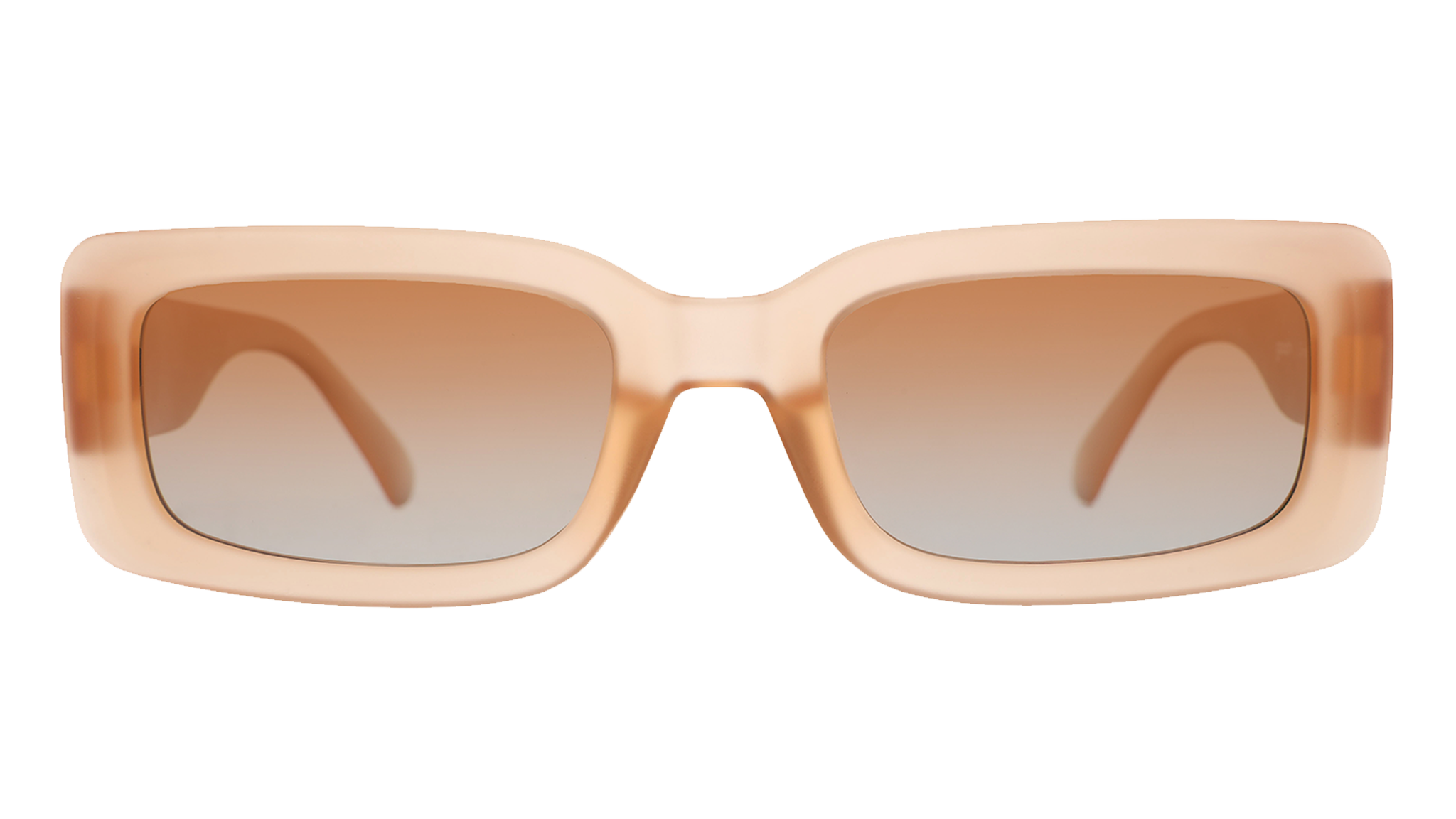 Front view of translucent peach rectangular Luxe G sunglasses with orange-gold gradient lenses. 