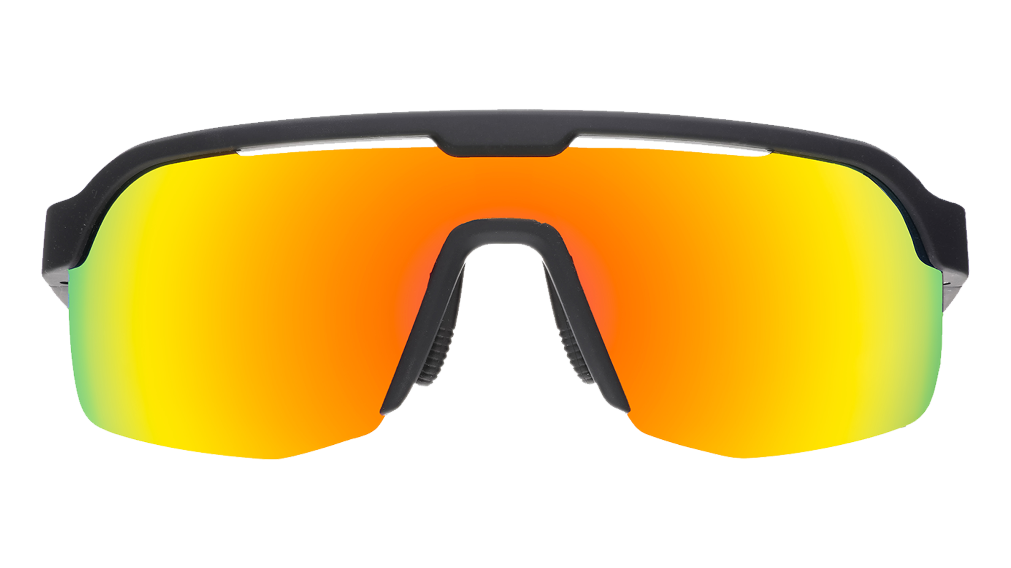 Sunglasses with black frame and yellow-orange reflective lenses on a white background