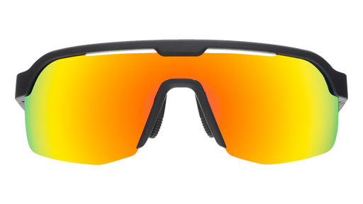 Sunglasses with black frame and yellow-orange reflective lenses on a white background