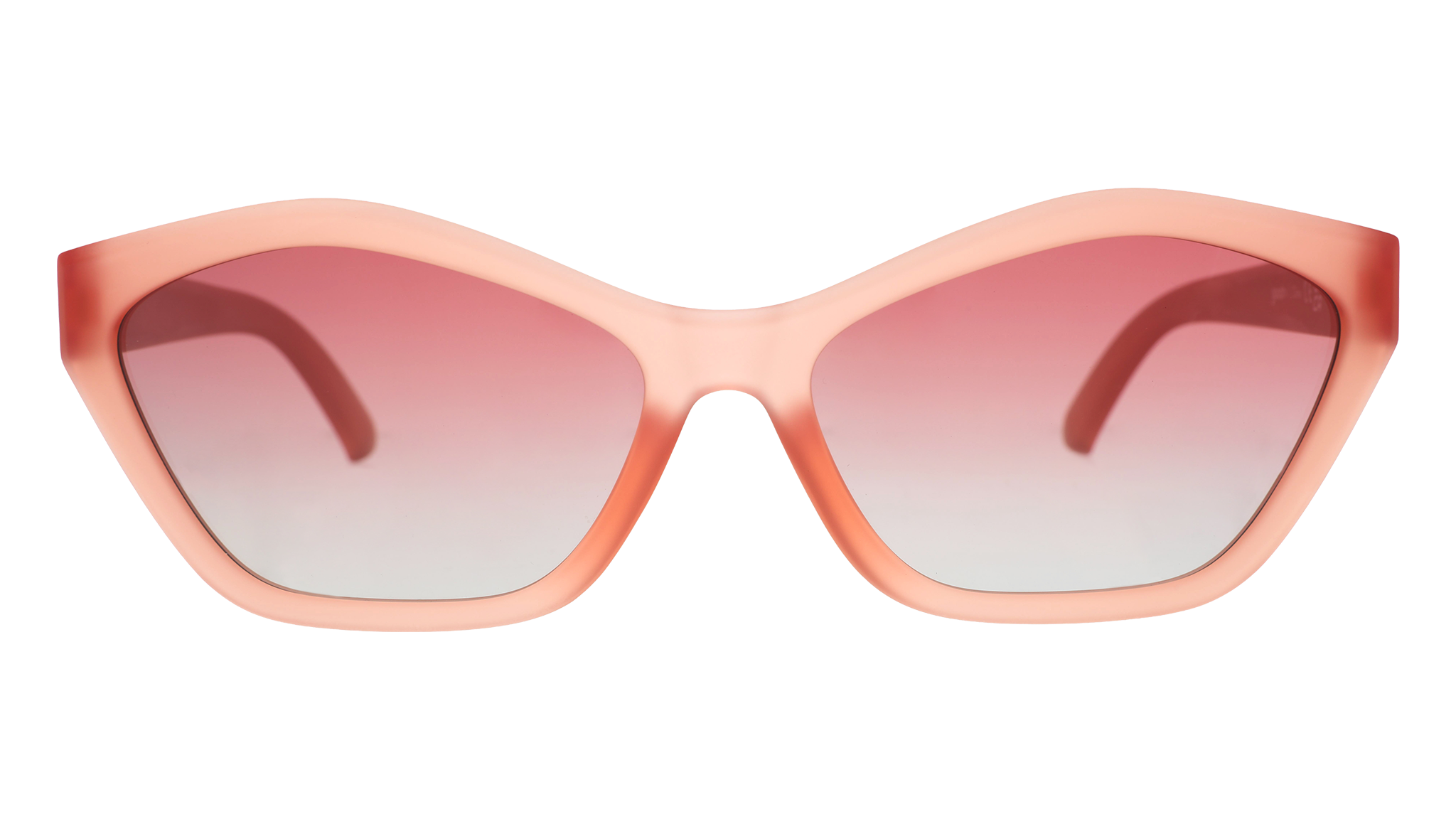 Front view of geometric sunglasses with translucent coral pink frames and gradient lenses against a white background.