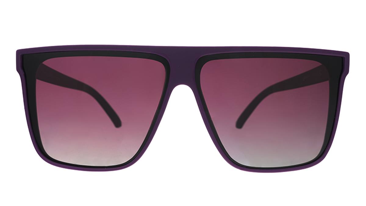 Front-facing view of a pair of oversized, dark purple flat-top sunglasses with deep purple gradient lenses.