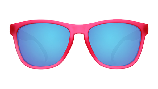Front angle view of pink sunglasses with teal reflective lenses/