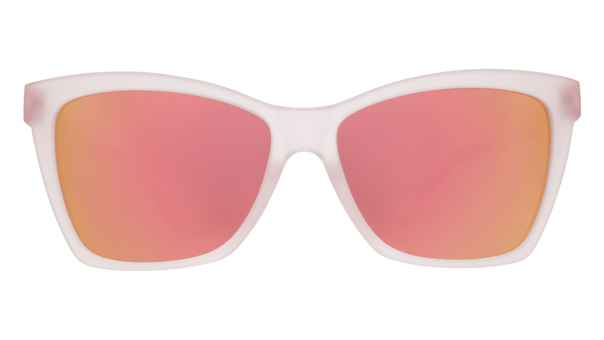 Front view of translucent pink angular cat-eye Pop Gs with light pink reflective lenses. 