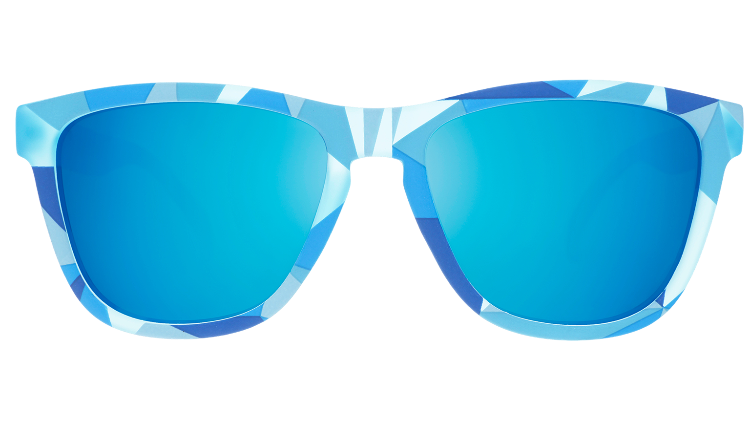 Three-quarter angle view of light blue shades w/ geometric pattern, Boston printed on temples+blue reflective lenses.