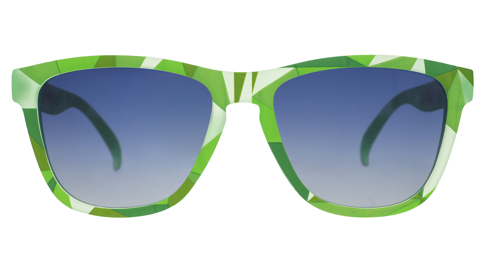 Three-quarter angle view of light green shades w/ geometric pattern, Vancouver printed on temples+blue gradient lenses.