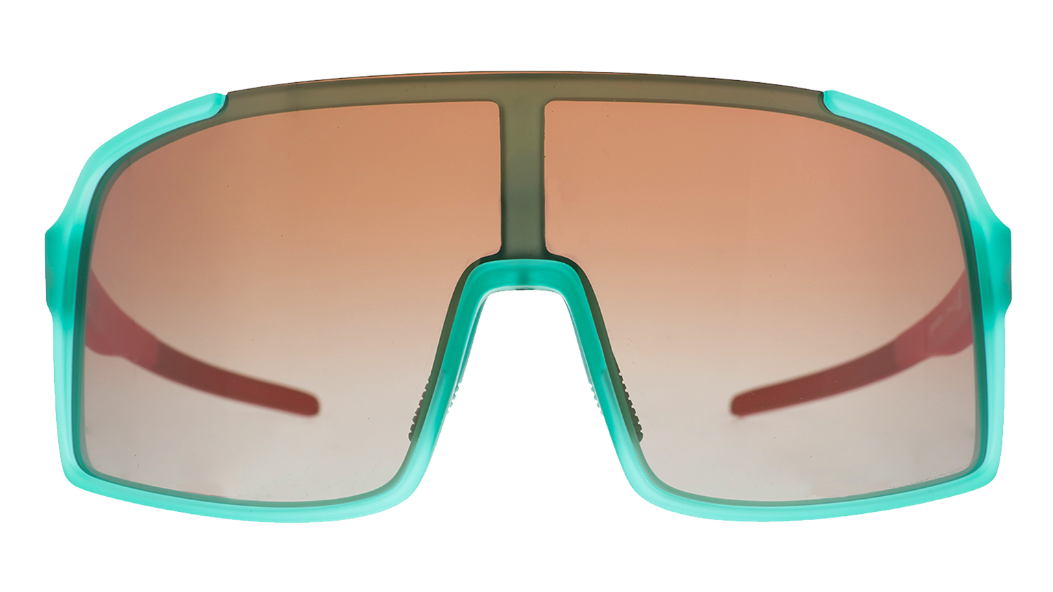 Front view of teal and pink wrap sunglasses with amber gradient lenses.