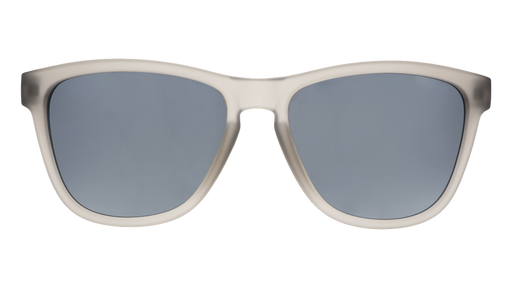 A pair of grey, square shaped sunglasses on a white background.