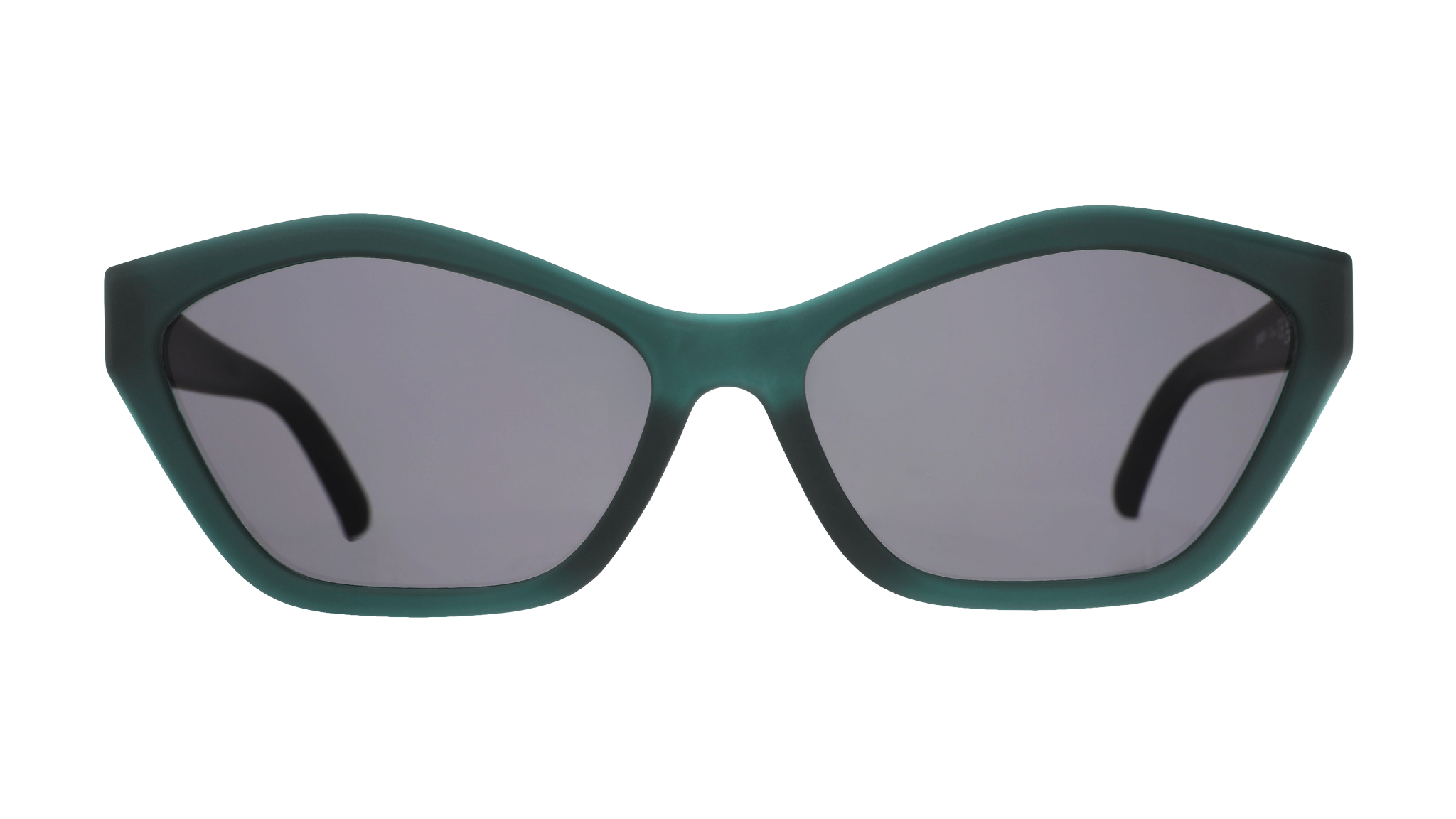 Front view of translucent, dark green angular Deco G sunglasses with black non-reflective lenses.