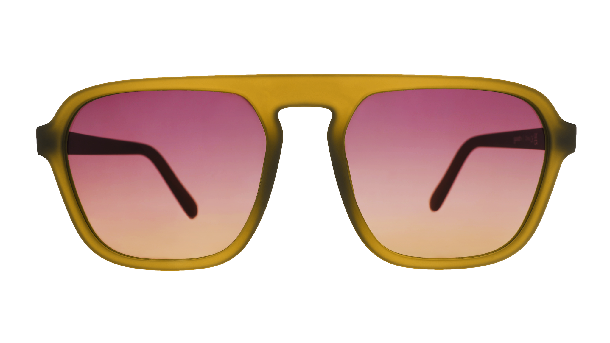 Front view of translucent dusted-ochre Retro G sunglasses with purple-yellow gradient lenses.
